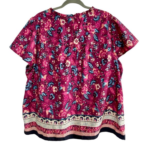 Lane Bryant Cotton Floral Popover Blouse Pink Ruffle Neck Short Sleeve Size 22 - Picture 3 of 16